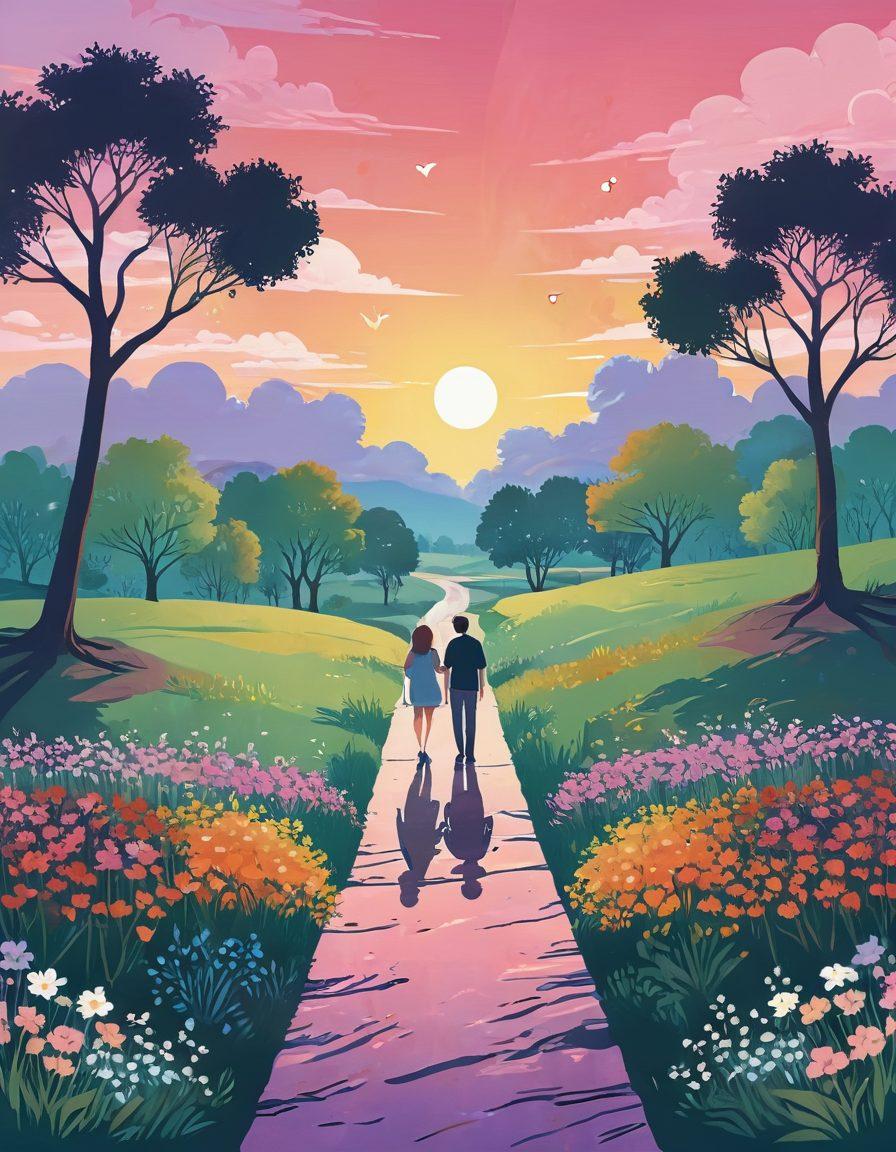 A whimsical illustration of two friends standing at a crossroads, with one path leading to a bright, romantic sunset and the other to a serene, friendly garden. They are looking at each other, with digital heart symbols floating around, symbolizing their evolving relationship. Lush greenery and colorful flowers on either side enhance the atmosphere of affection. soft pastel colors. vector art. dreamy and inviting.