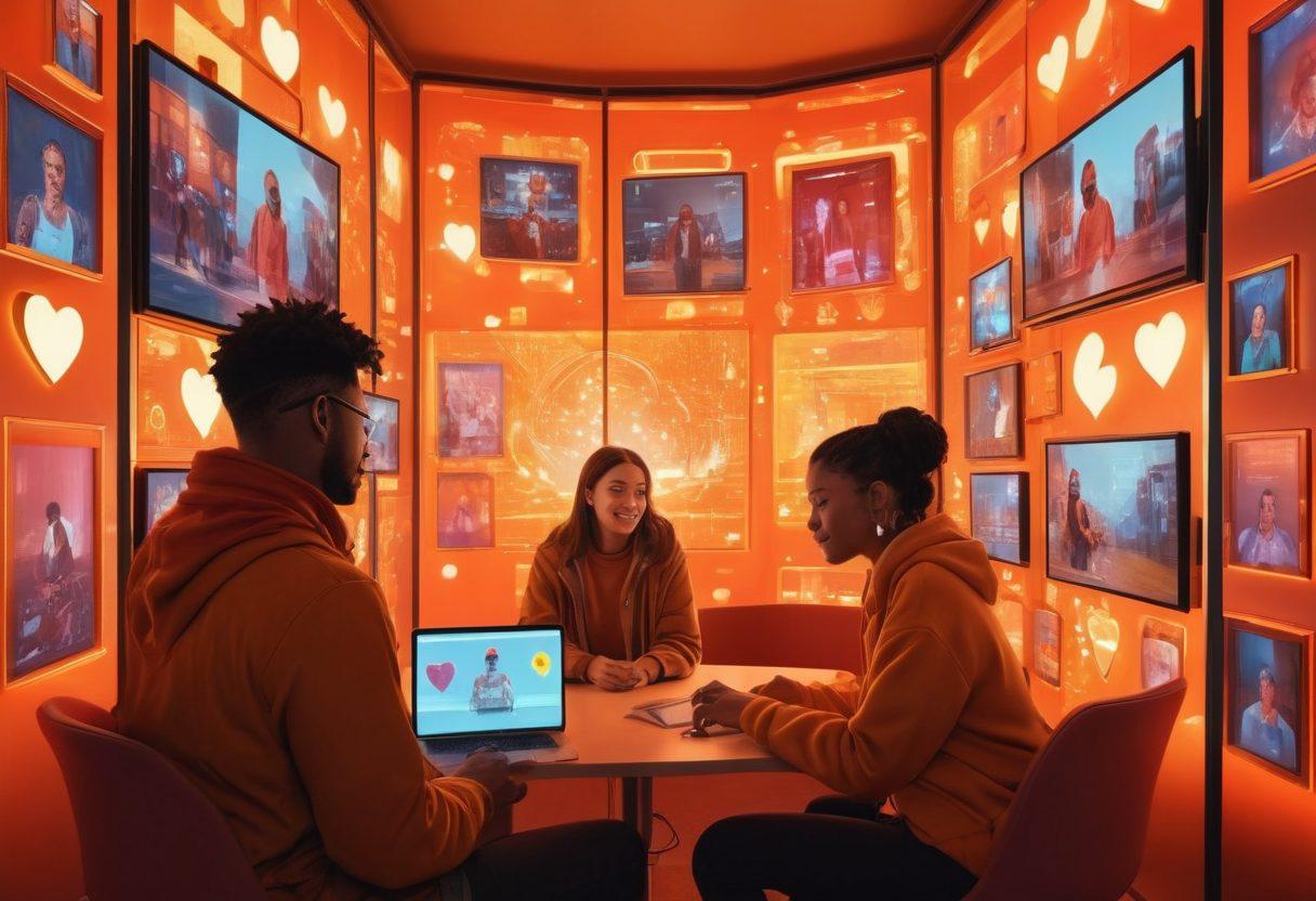 A digital collage featuring diverse individuals connecting through video calls, surrounded by symbols of community such as hearts, handshakes, and virtual chat bubbles. Include a warm color palette to evoke feelings of intimacy and belonging, with soft glowing lights to symbolize connection in a virtual space. Think of a blend of technology and humanity. vibrant colors. 3D. cyberpunk.