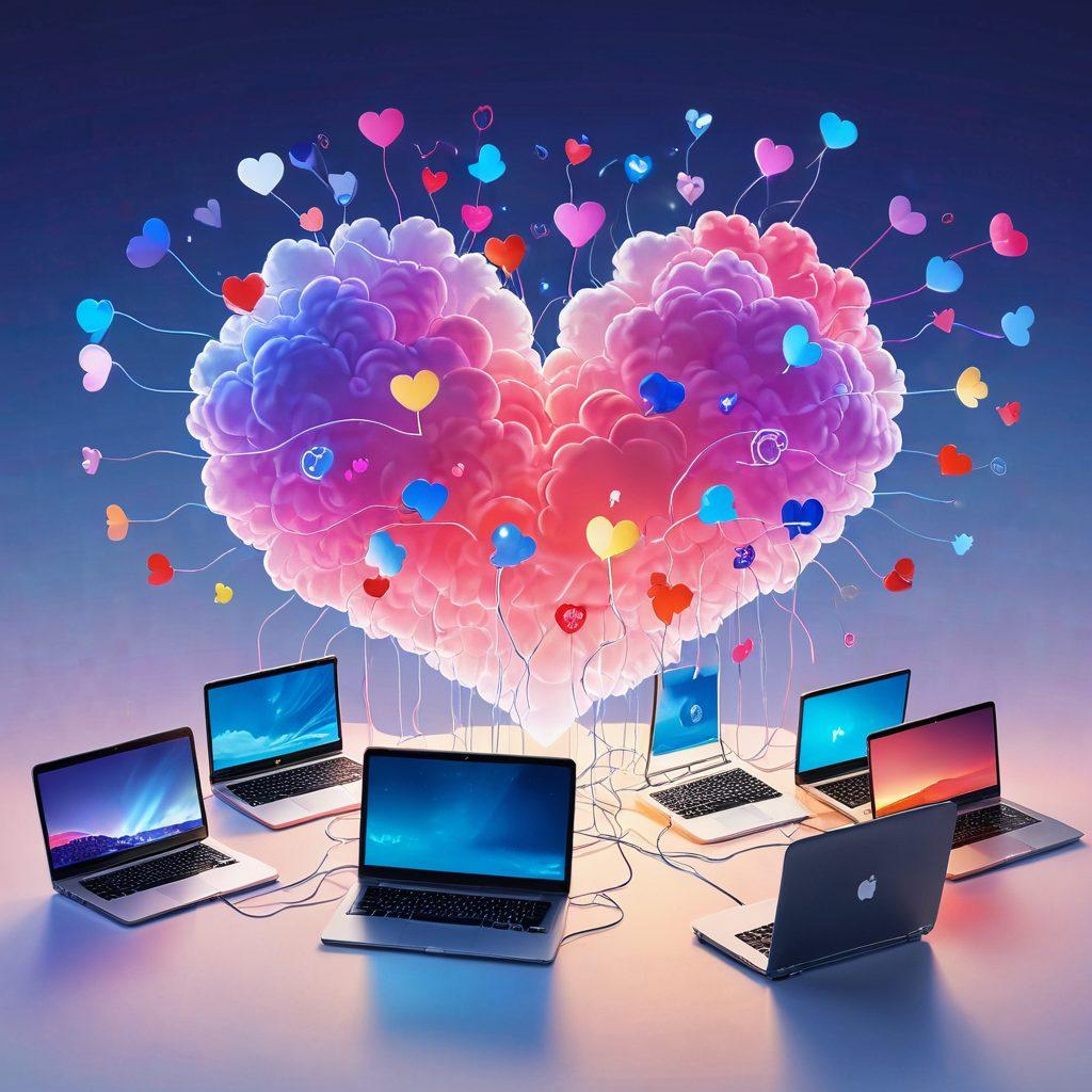 A heart-shaped digital cloud formed by interconnected devices such as smartphones and laptops, symbolizing love and connection. Surrounding the cloud, vibrant rays of color represent diverse emotions like joy and intimacy, while subtle outlines of people engaging in video calls within the devices enhance the theme of online affection. The background features a soft gradient, suggesting a digital realm. vibrant colors. 3D.